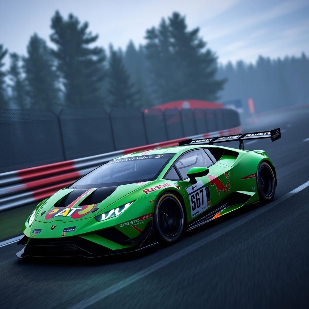 ACC key art — a green Lamborghini Huracan GT3 racing at Spa