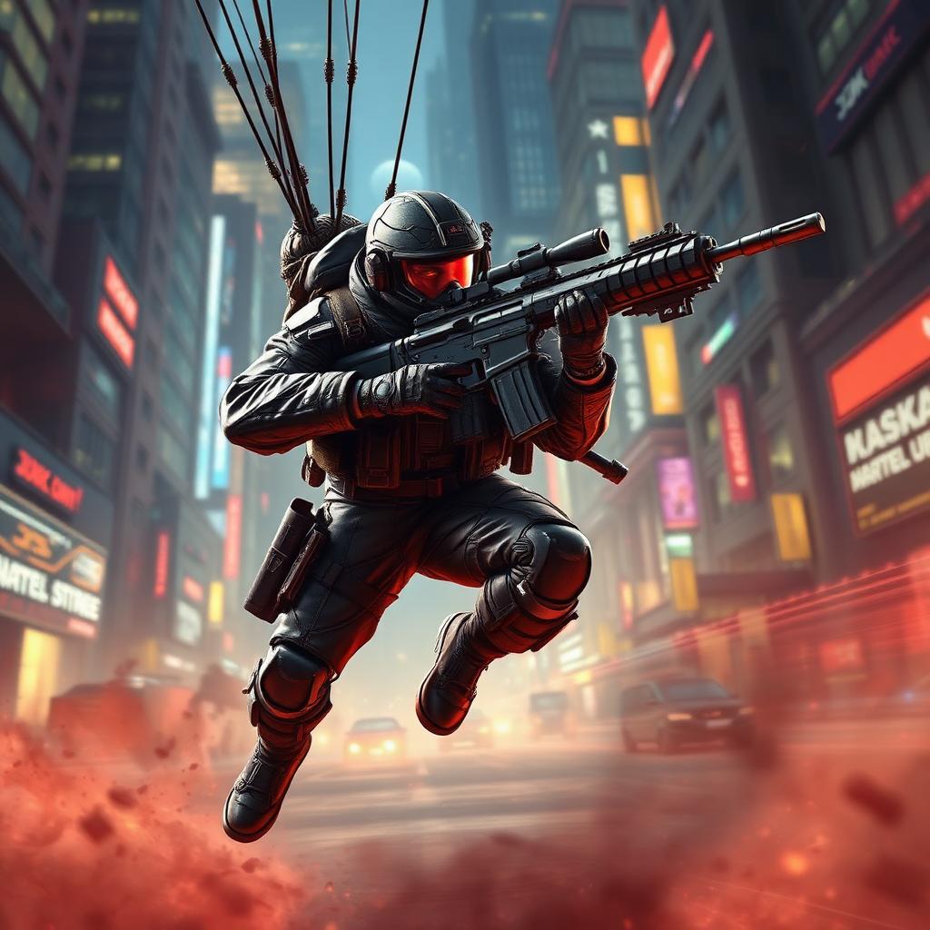 Blood Strike key art — parachuting soldier firing rifle over neon city