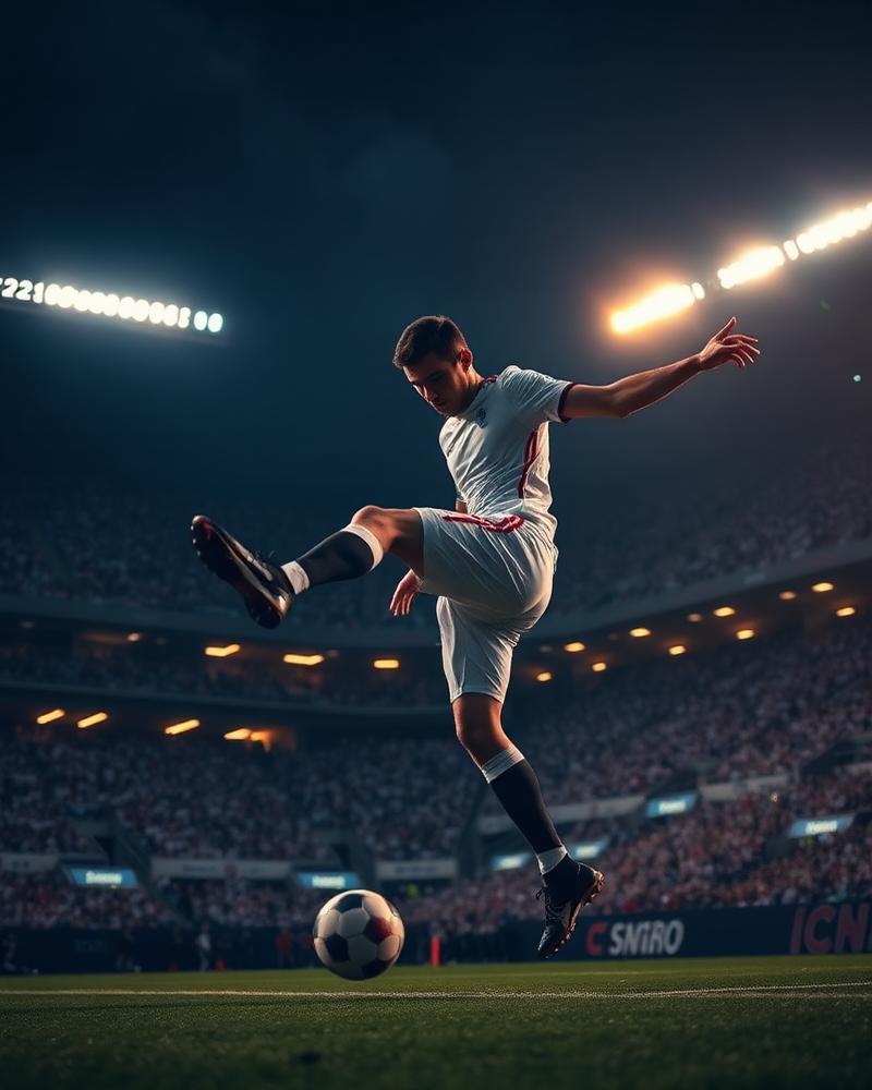 EA Sports FC key art — a striker mid-strike inside a floodlit stadium