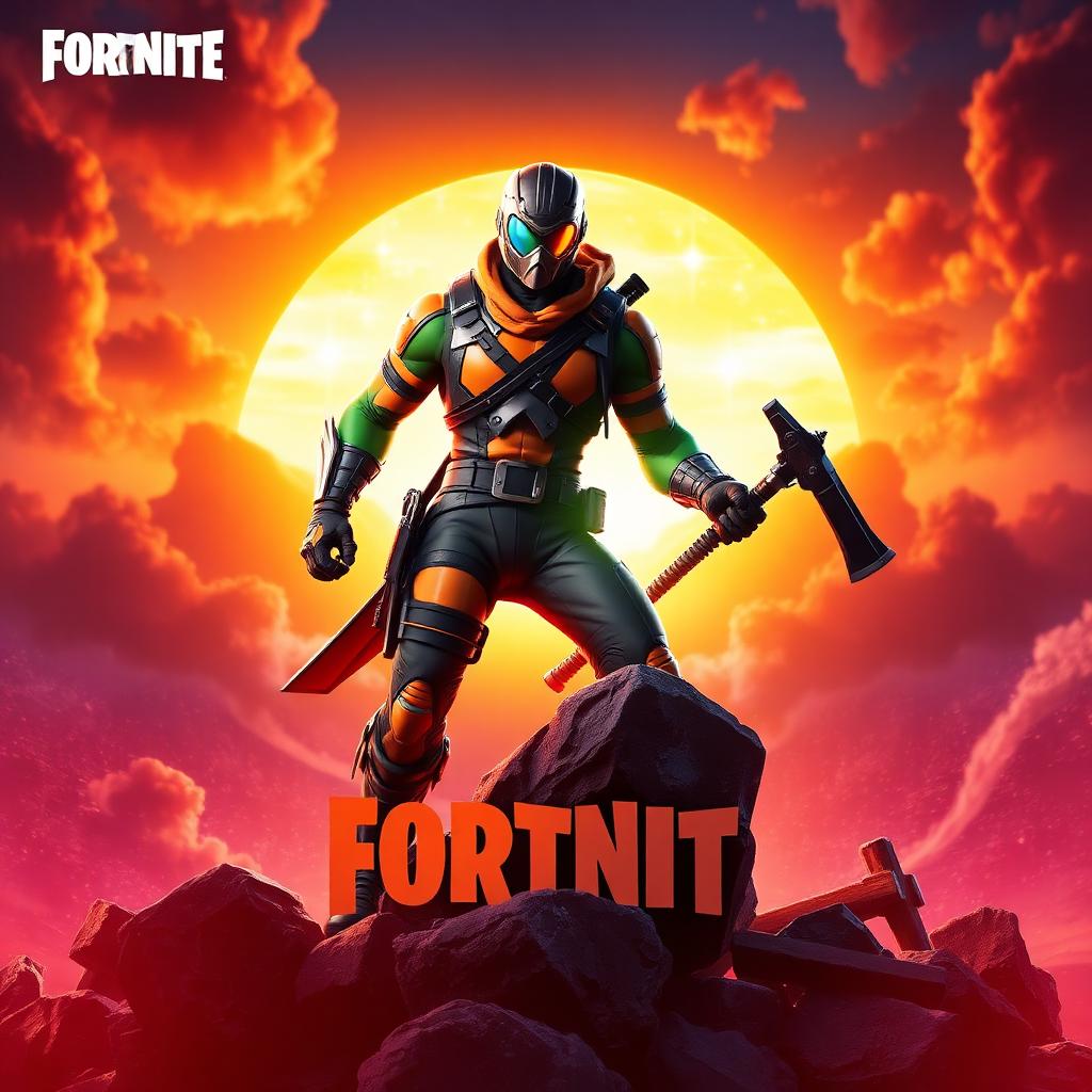 Fortnite tournament key art — a solo player mid-build at sunset with pickaxe drawn
