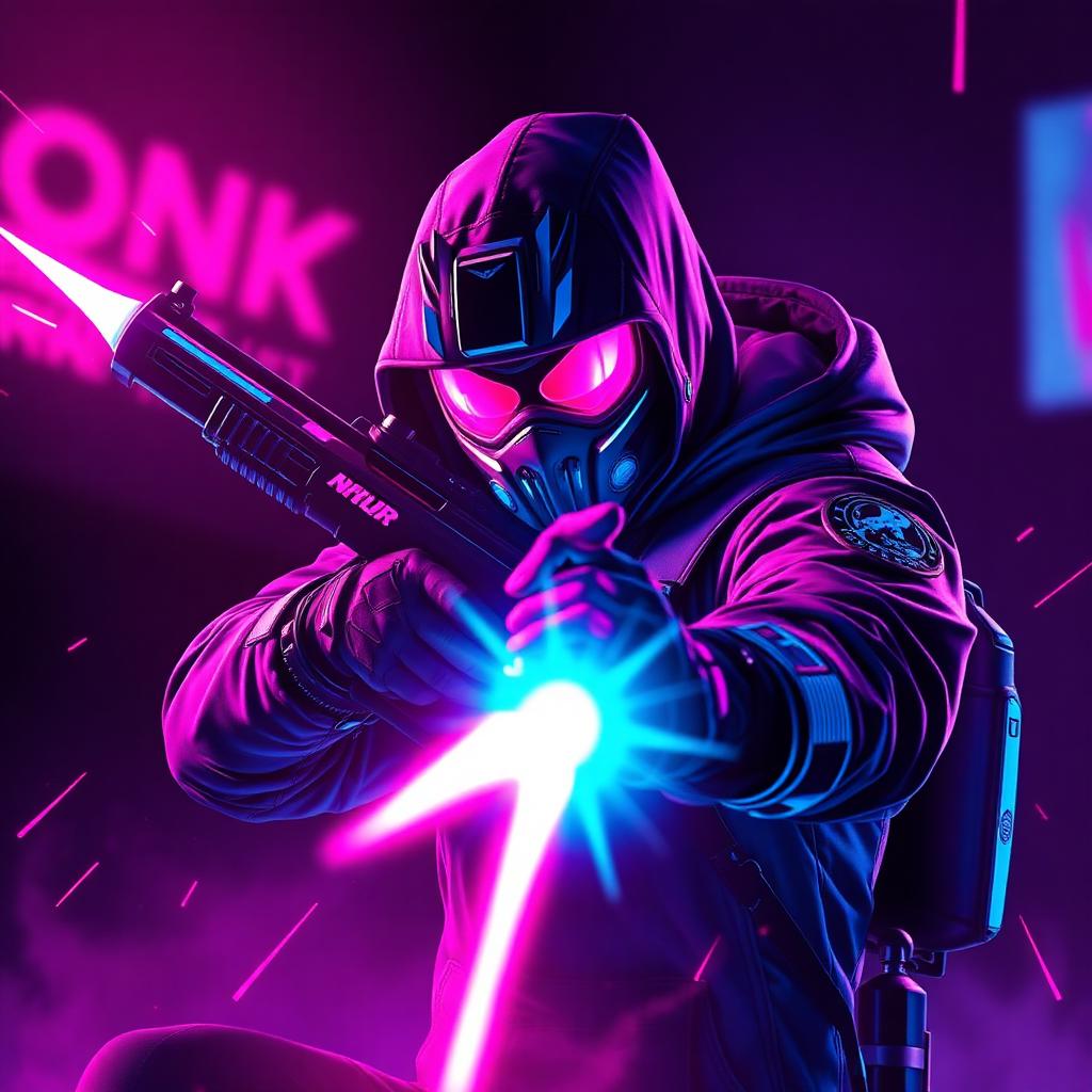 Fragpunk key art — masked lancer in neon graffiti gear
