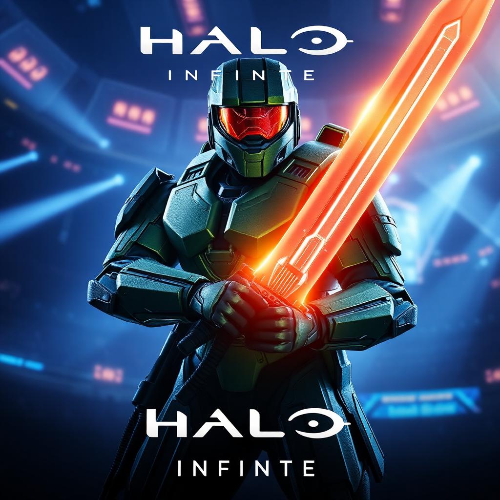 Halo Infinite key art — a Spartan super-soldier in Mjolnir armor wielding an energy sword