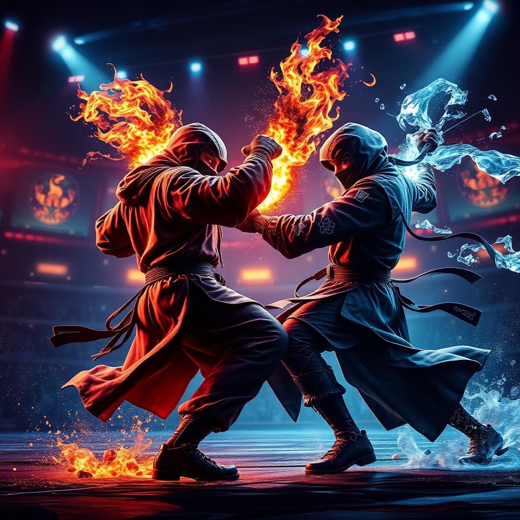 Mortal Kombat 1 key art — two masked martial artists mid-clash with fire and ice elemental effects