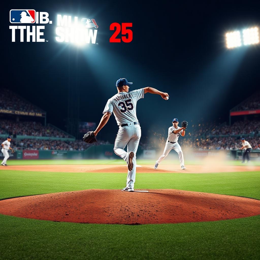 MLB The Show 25 key art — pitcher on floodlit diamond with spark trail