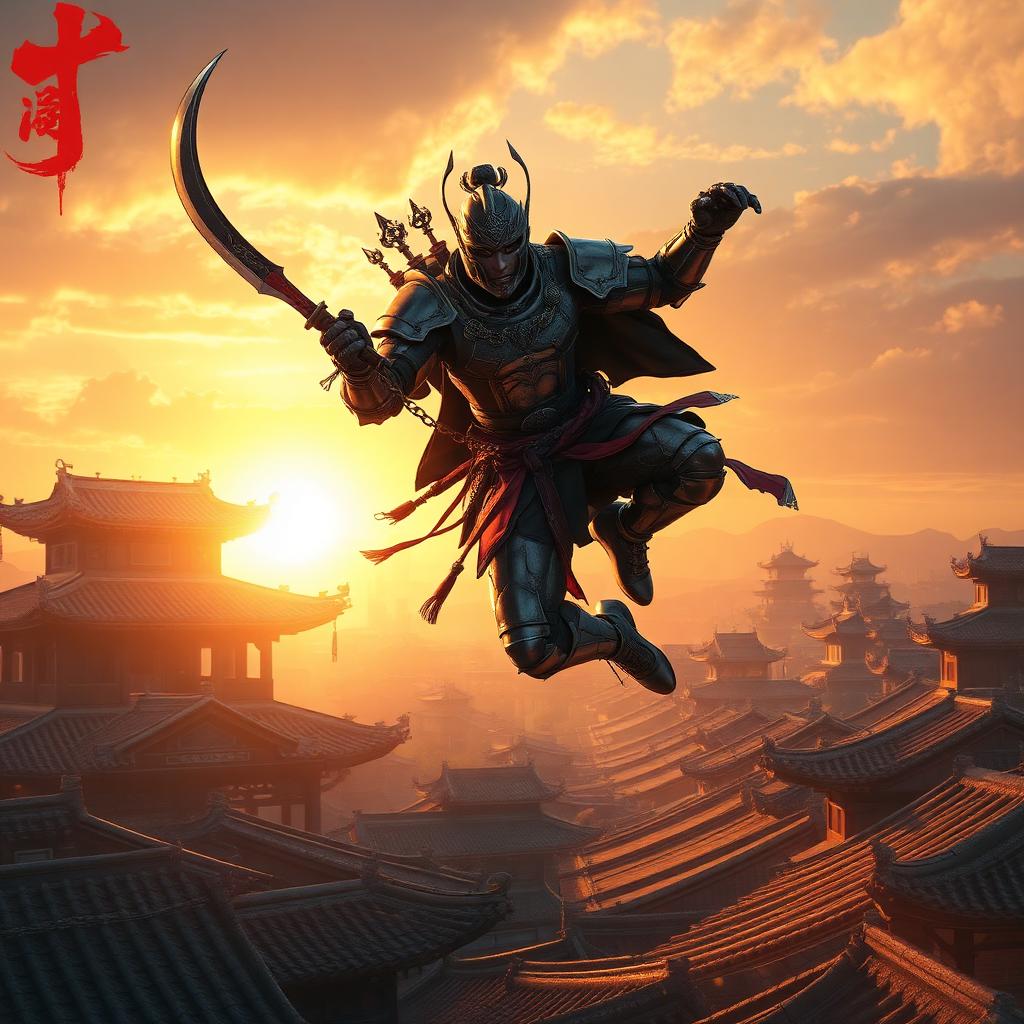 Naraka Bladepoint key art — a wuxia warrior with curved sword leaping across ancient rooftops at sunset