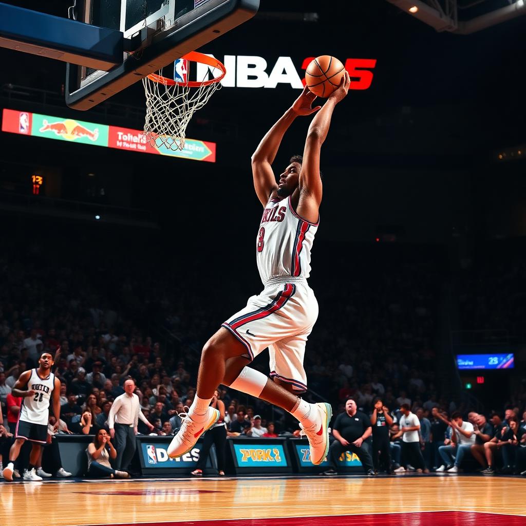 NBA 2K25 key art — player mid-slam-dunk in packed arena