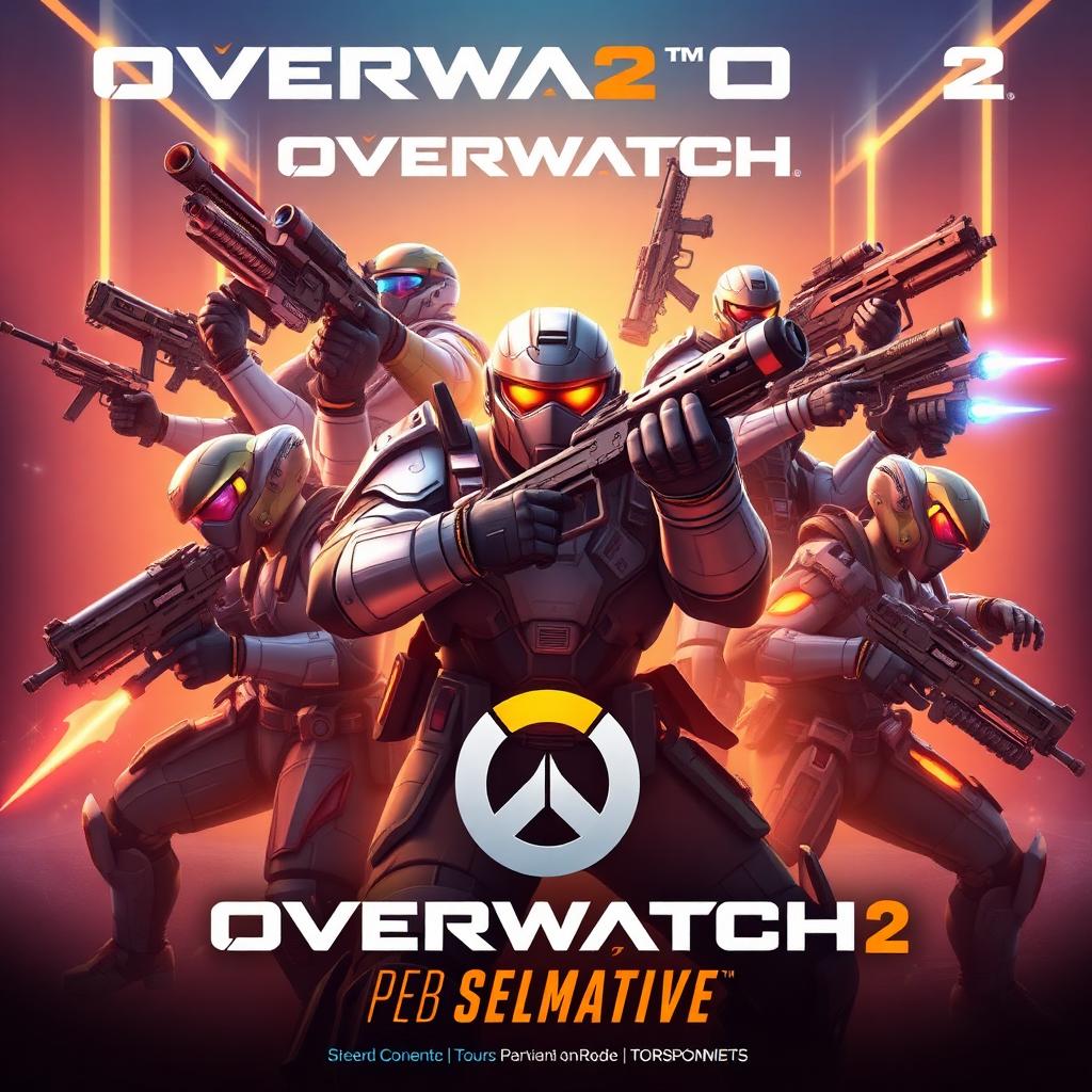 Overwatch 2 tournament key art — a squad of hero shooters posing in dramatic payload map lighting