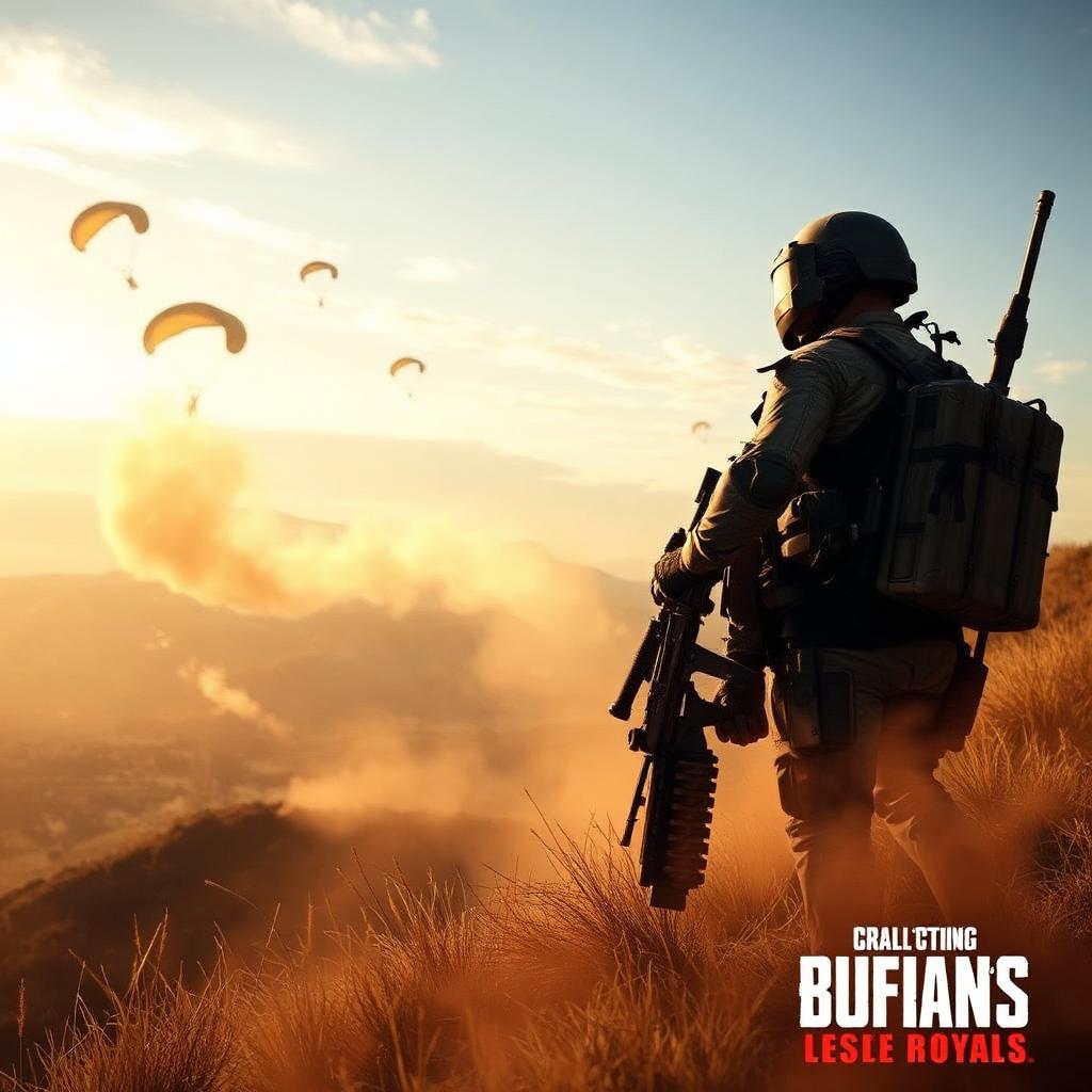PUBG tournament key art — a tactical soldier on a golden-hour ridge with parachutes descending