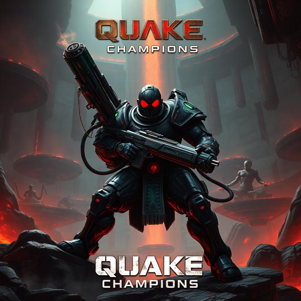 Quake Champions key art — cybernetic warrior firing rail rifle