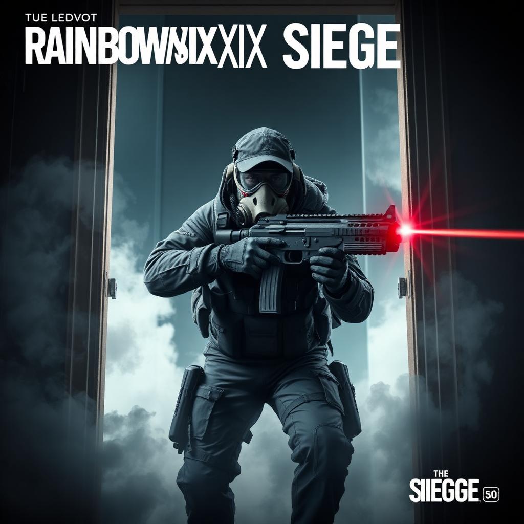 Rainbow Six Siege key art — a tactical operator in a gas mask breaching a smoke-filled doorway