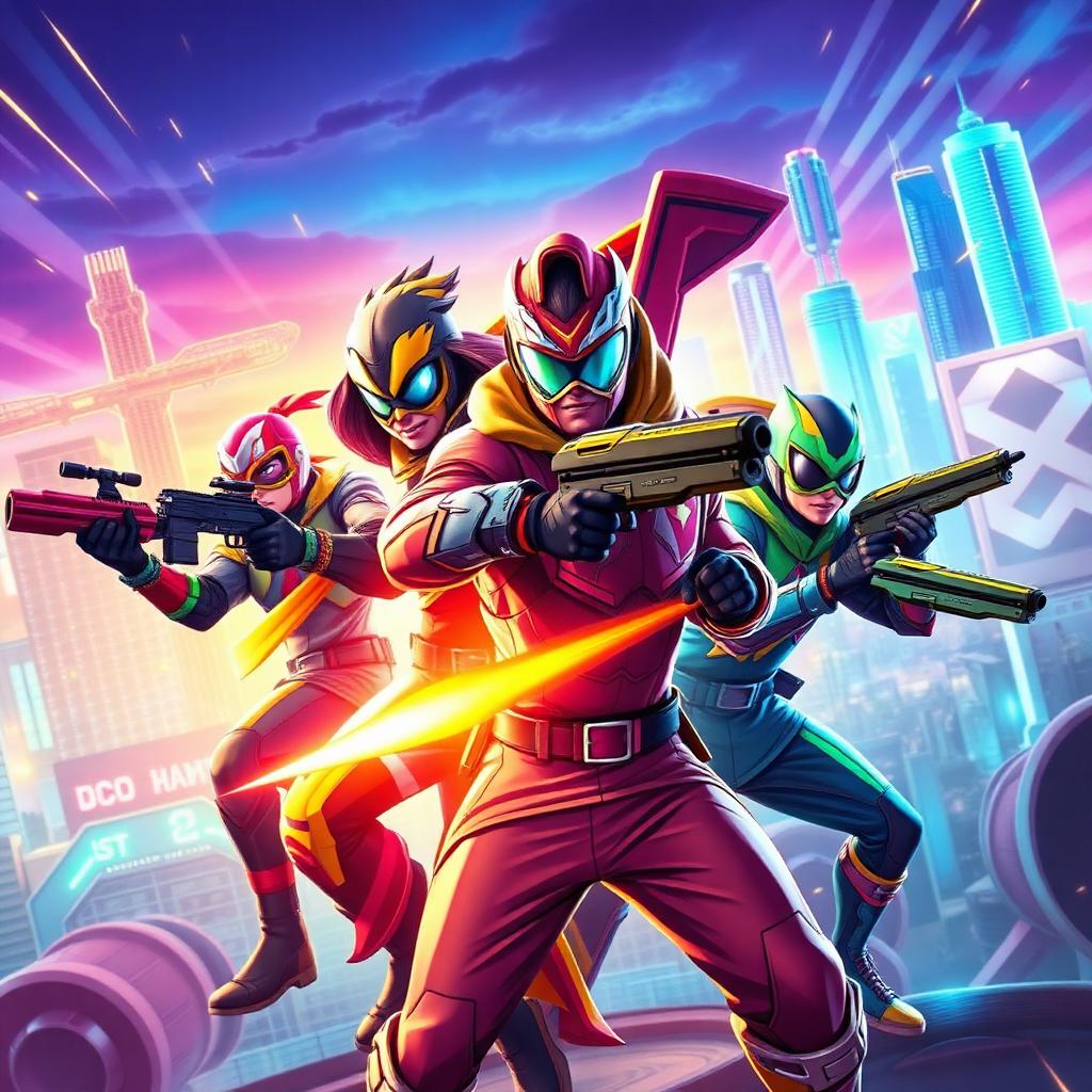 Marvel Rivals key art — a team of stylized comic-book superheroes in dynamic action pose over a neon skyline