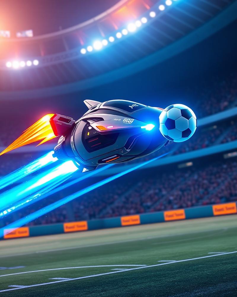 Rocket League key art — rocket-powered cars airborne around a glowing arena ball