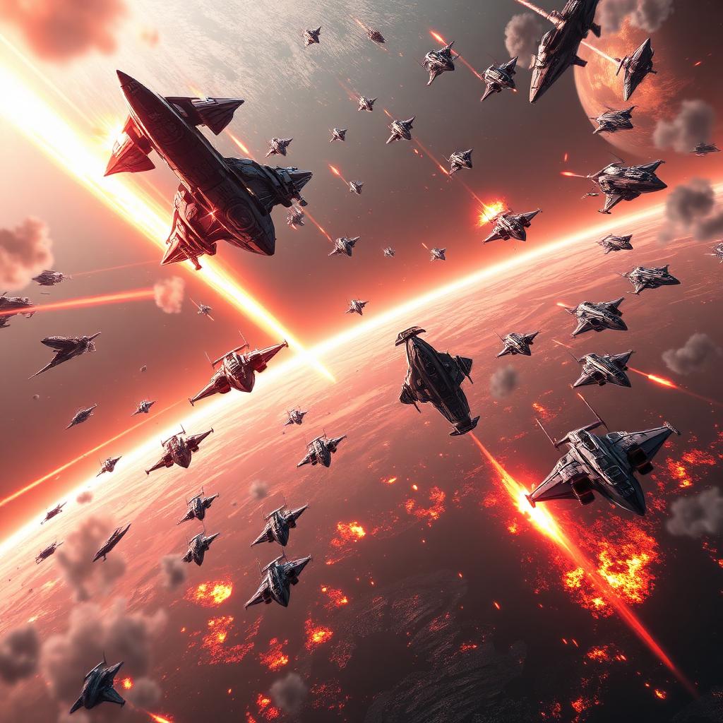 StarCraft II key art — a massive fleet battle in space over a burning planet with red laser trails