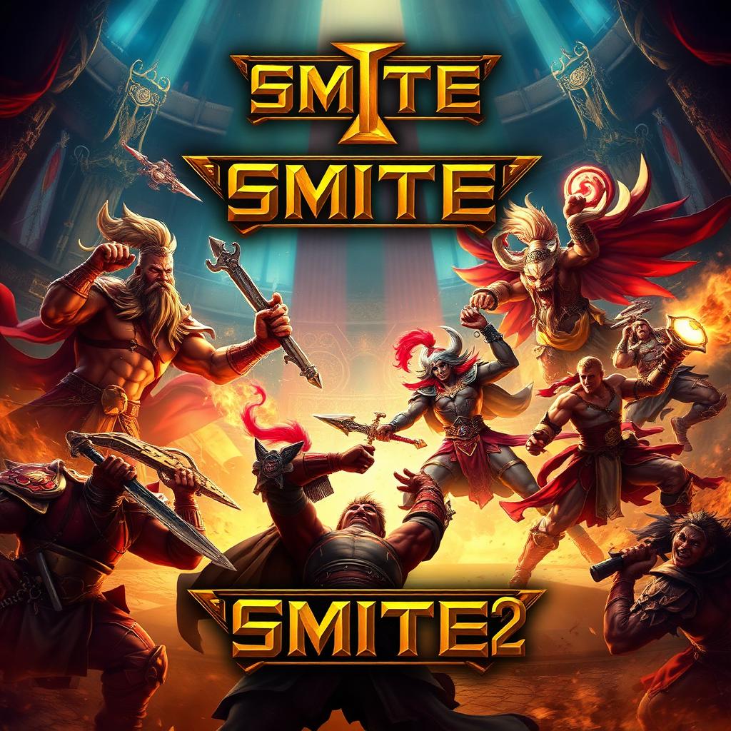 SMITE 2 key art — mythological gods clashing in an arena