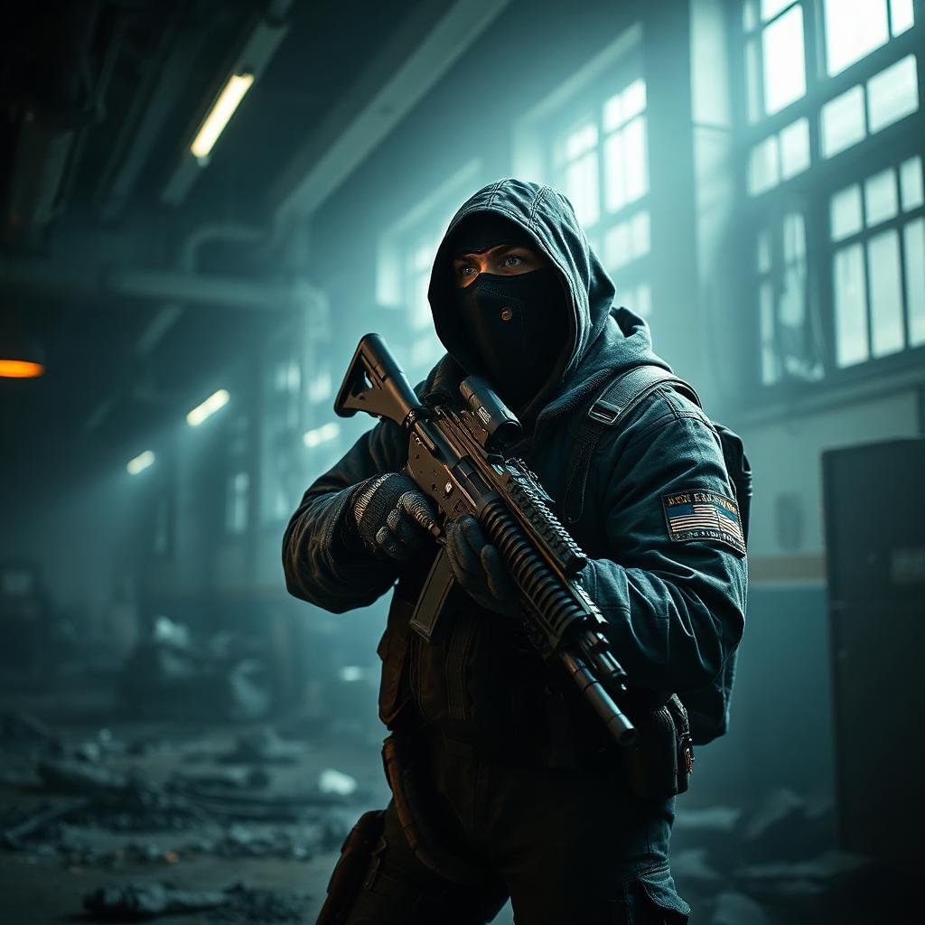 Escape from Tarkov key art — tactical operator in gritty east-euro warzone